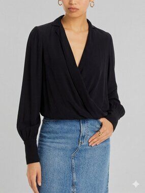 Alice + Olivia Black 100% Silk Draped Crossover Pullover Blouse Long Sleeve Size